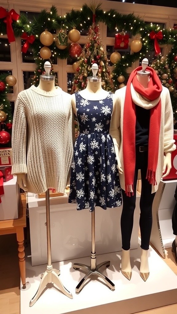 Festive Christmas Outfit Ideas for DTI No VIP Stylish Christmas outfits including a sweater, dress, and layered casual look on display with festive decorations.